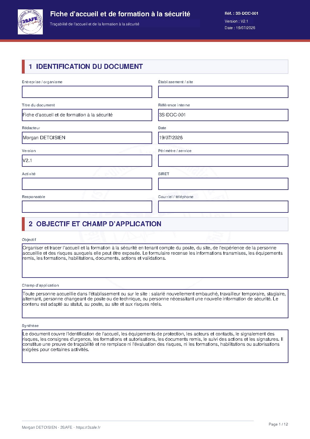 Aperçu de Fiche accueil formation sécurité V2.1