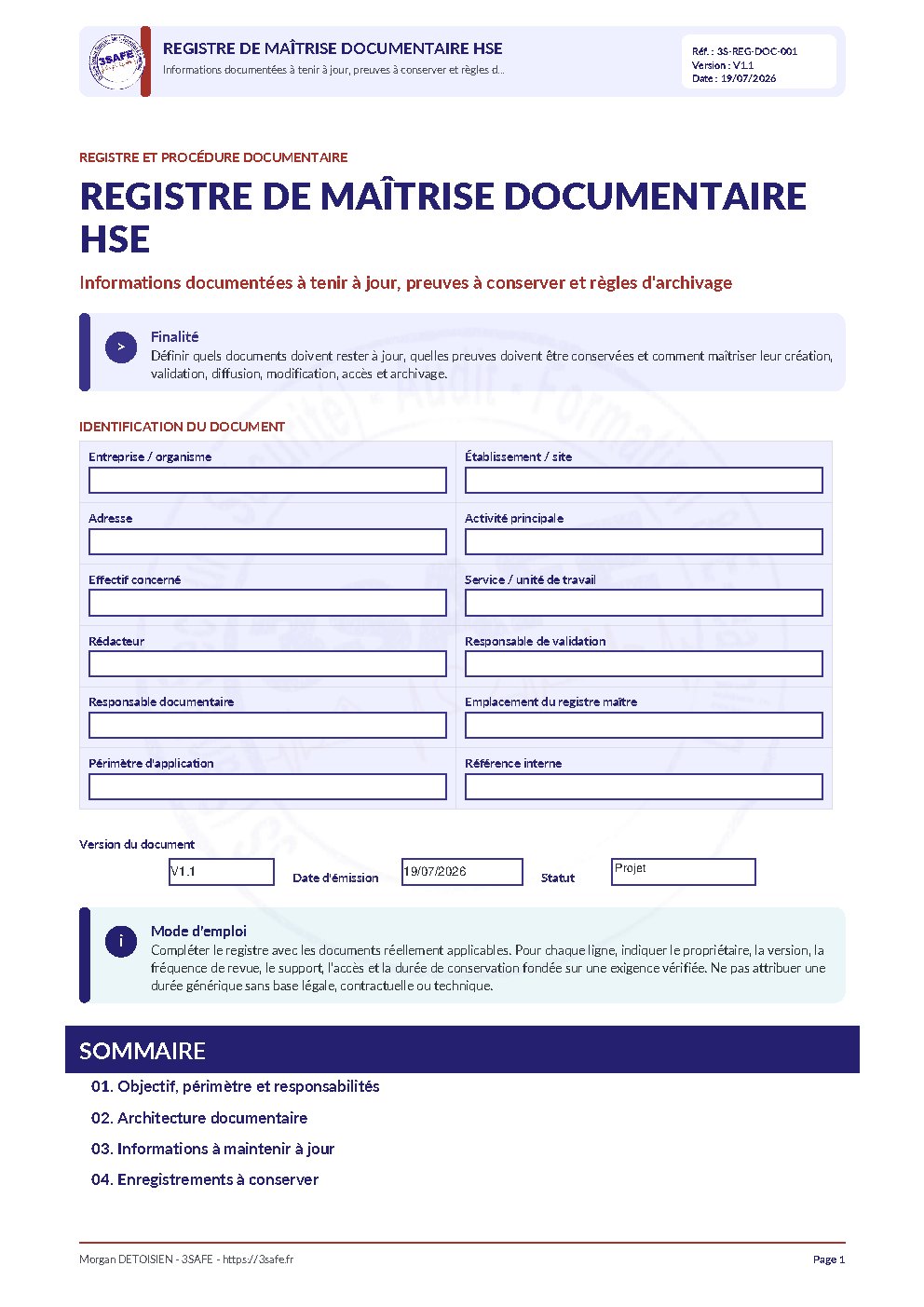 Aperçu de Registre documentation HSE