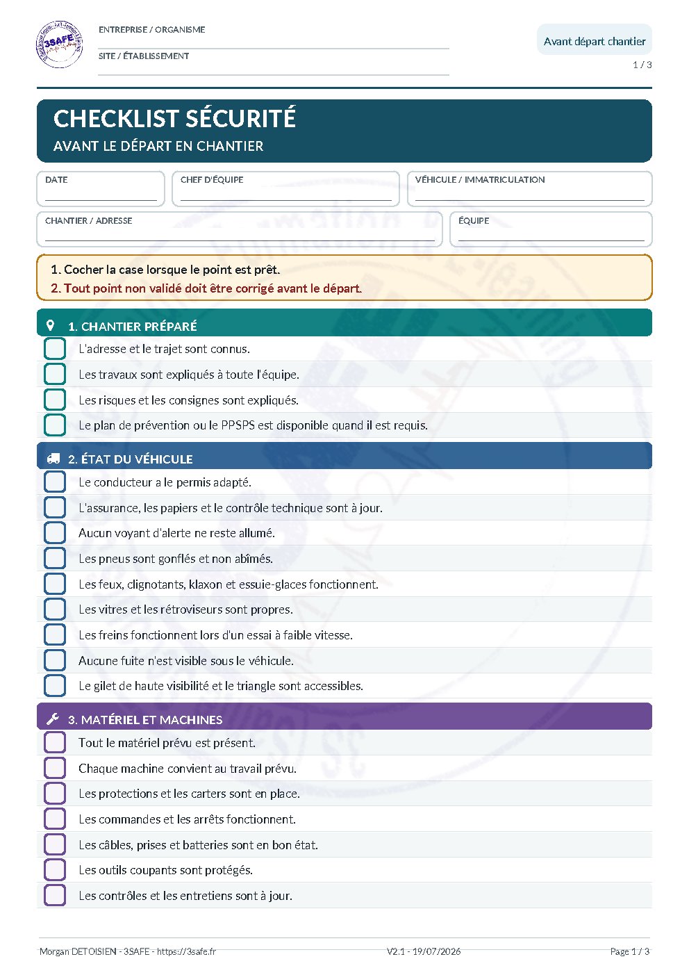 Aperçu de Checklist sécurité départ chantier