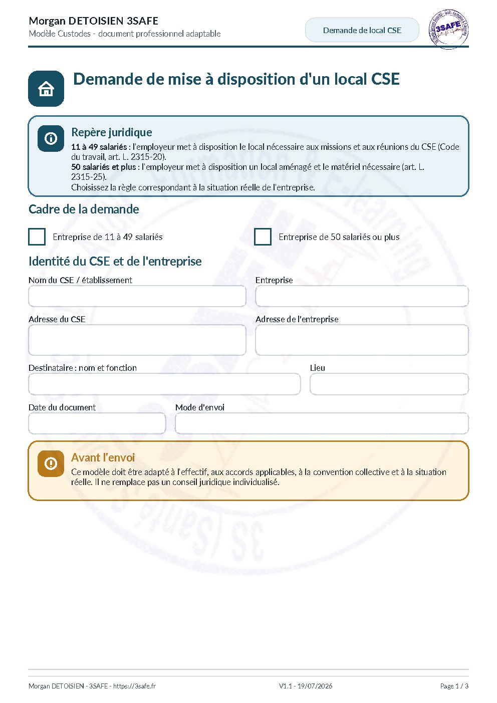 Aperçu de Demande de local CSE