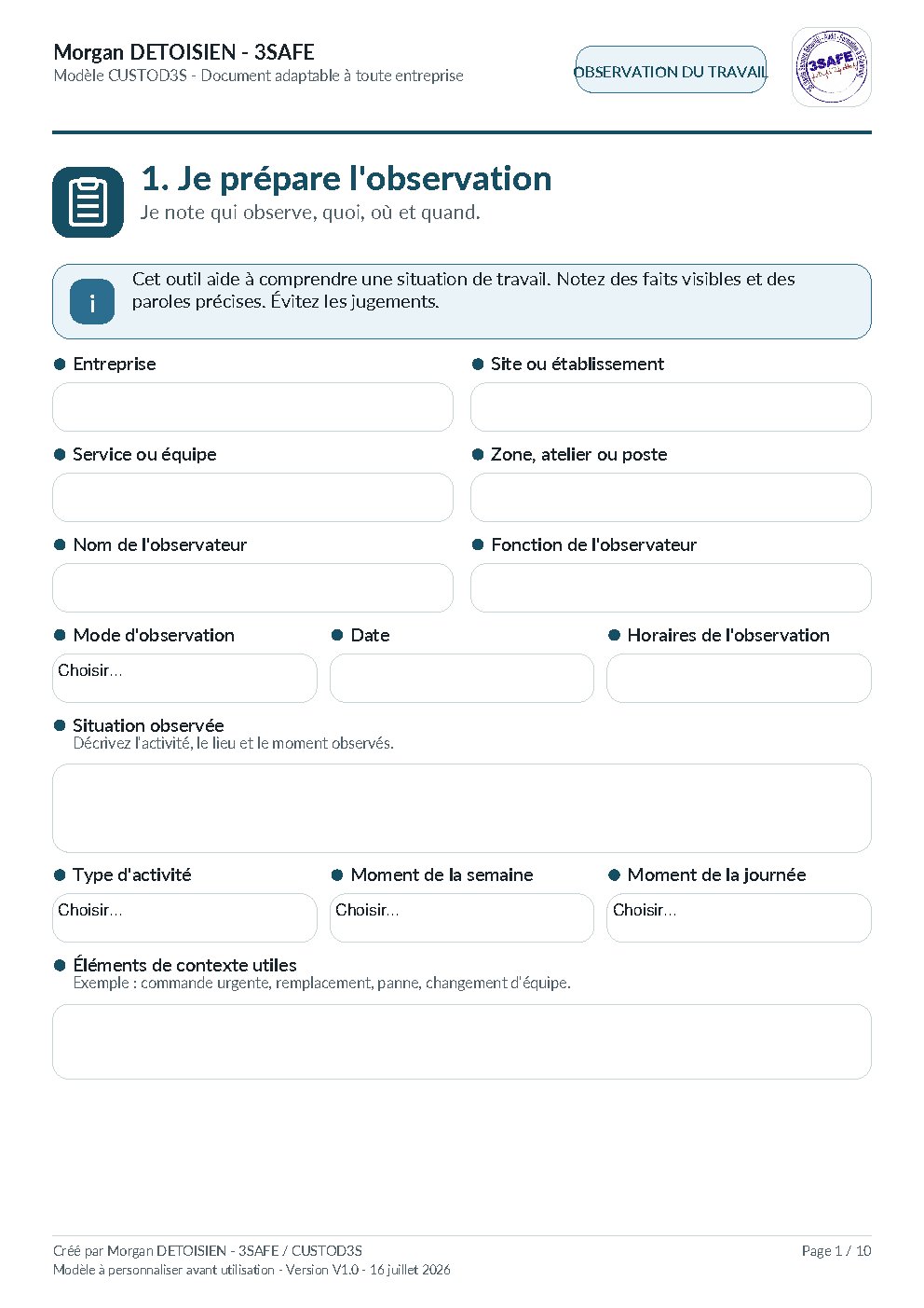 Aperçu de Outil Observation Analyse Situation Travail
