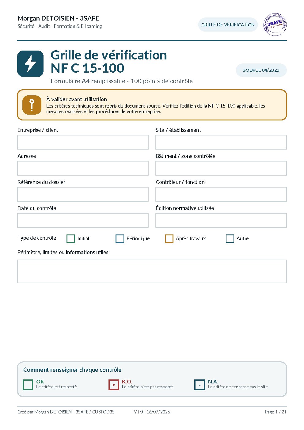 Aperçu de Grille Verification NF C 15 100