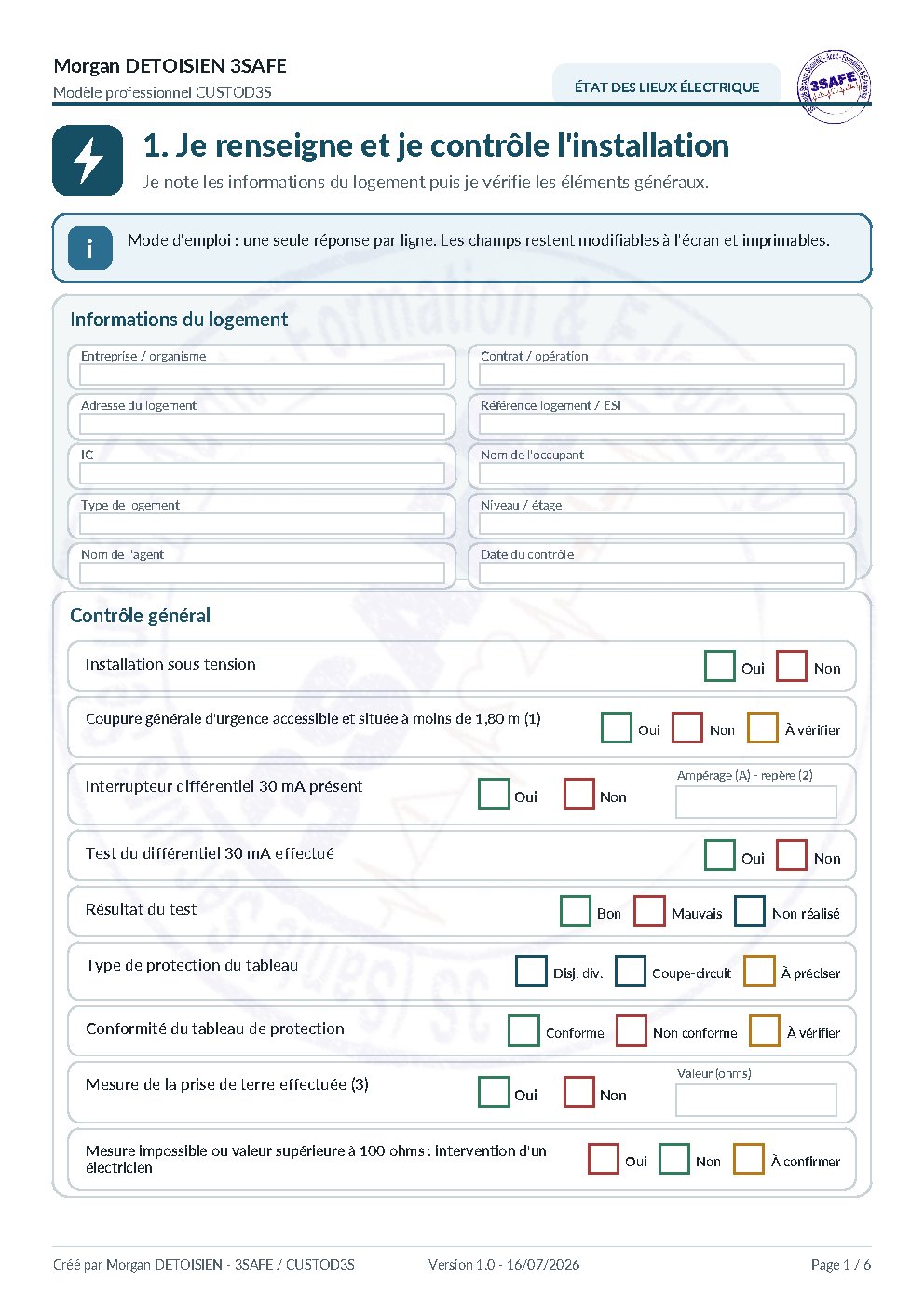 Aperçu de Fiche Etat des Lieux Electricite
