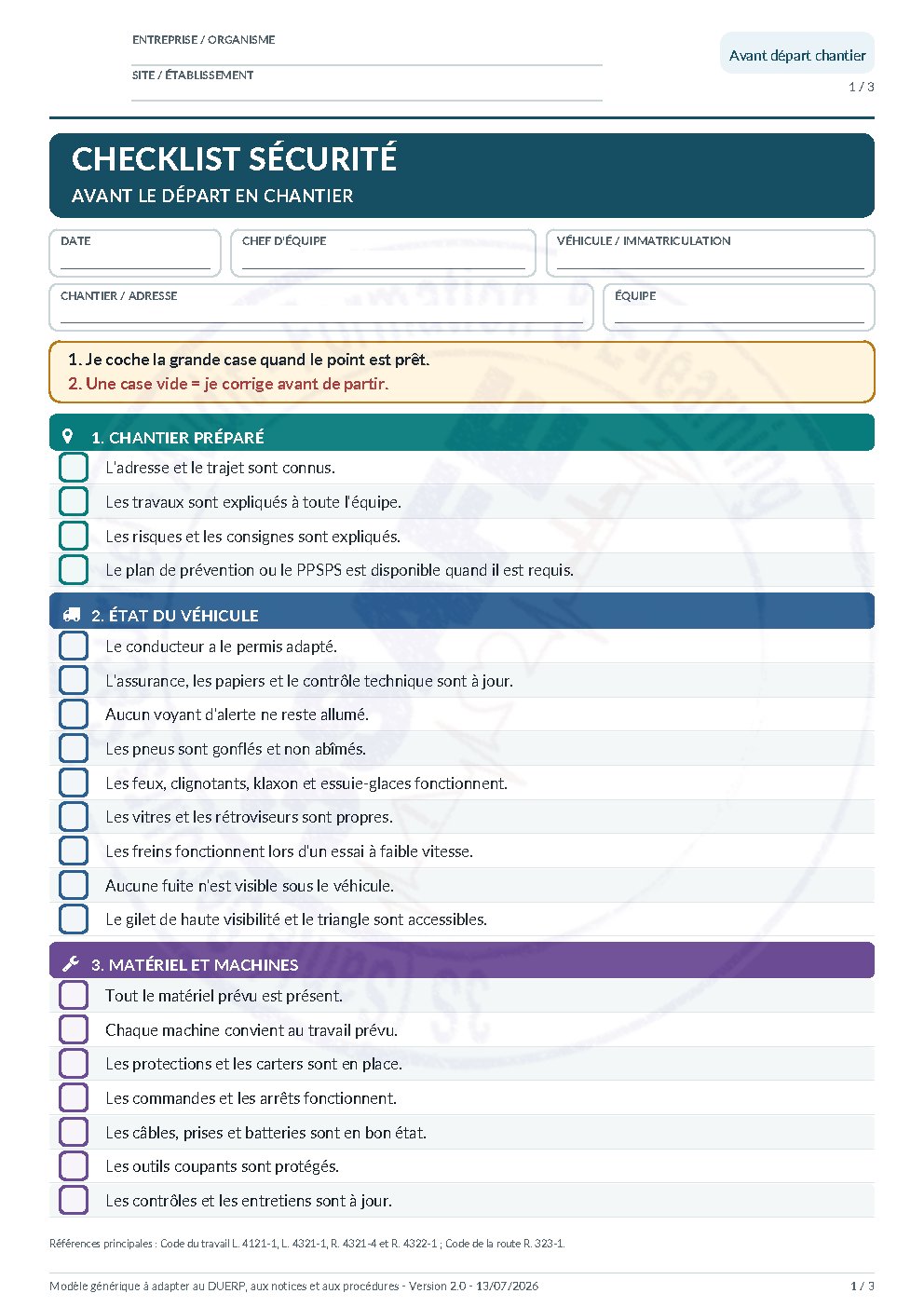 Aperçu de Checklist Sécurité Avant Depart Chantier Modele Vierge A4