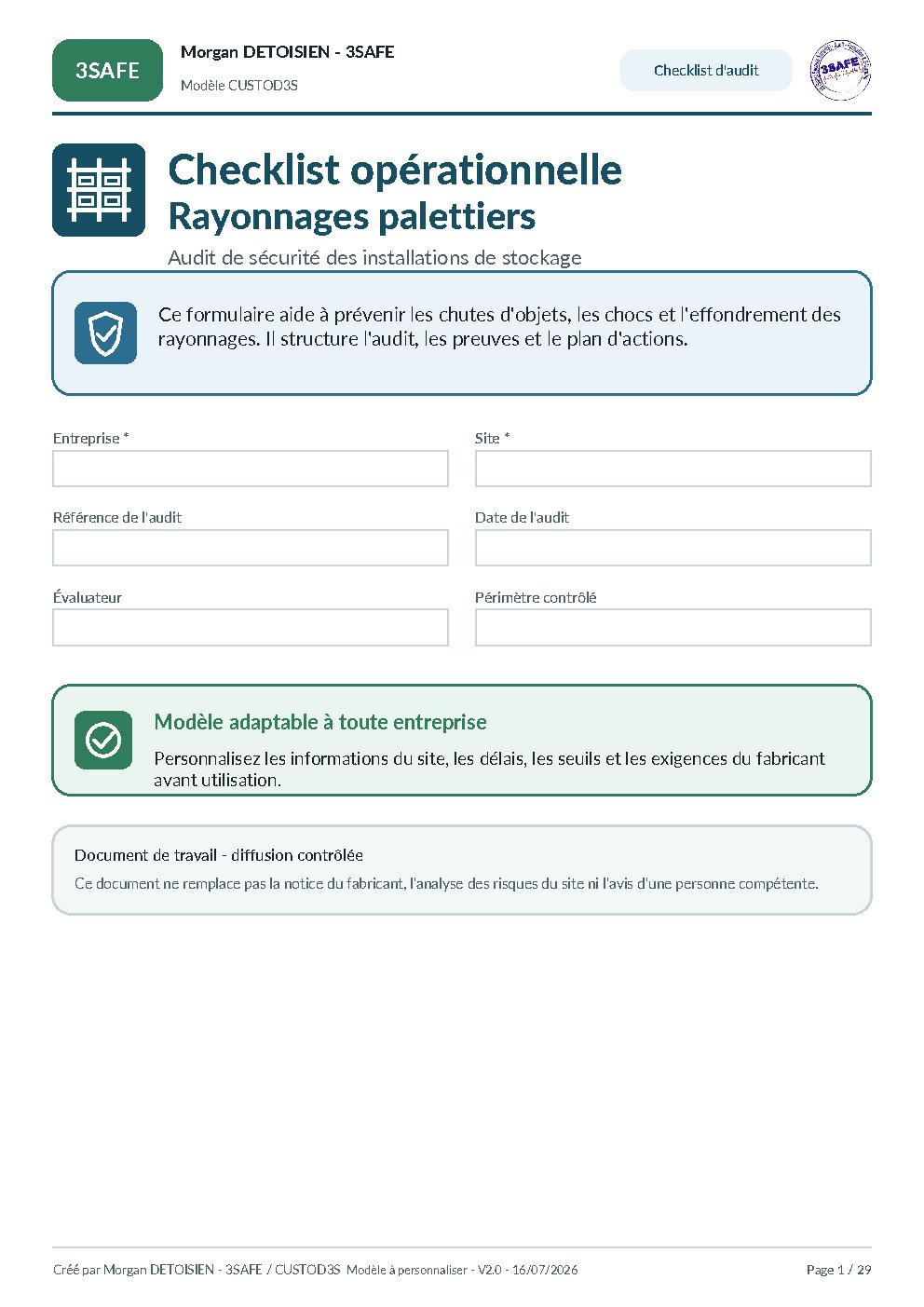 Aperçu de Checklist Operationnelle Rayonnages Palettiers Formulaire
