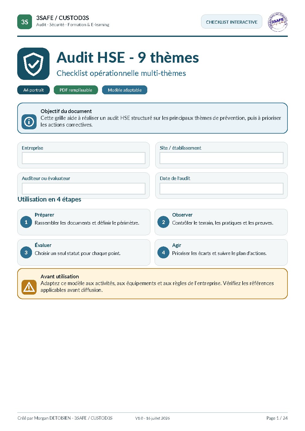 Aperçu de Checklist Audit HSE 9 Themes