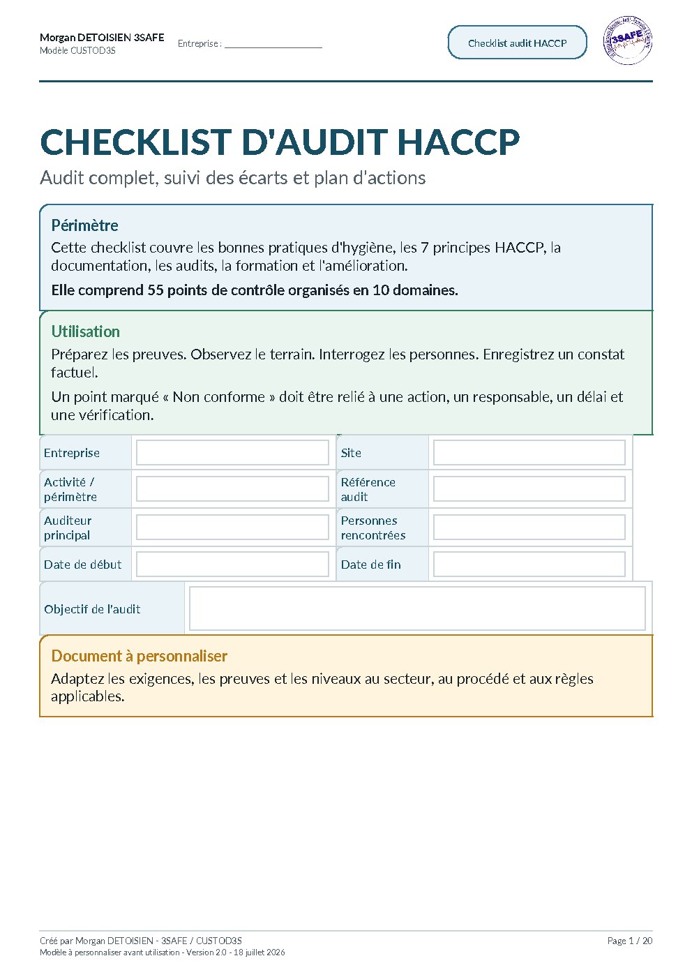 Aperçu de Checklist Audit HACCP Formulaire