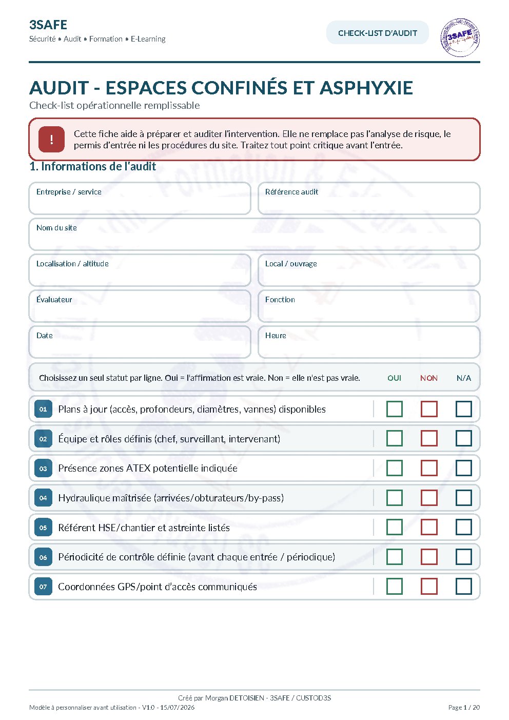 Aperçu de Checklist Audit Espaces Confines Asphyxie