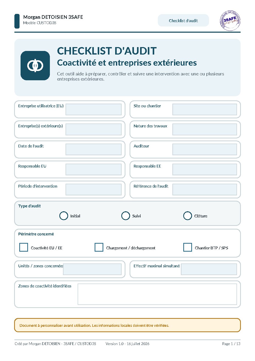 Aperçu de Checklist Audit Coactivite Entreprises Exterieures