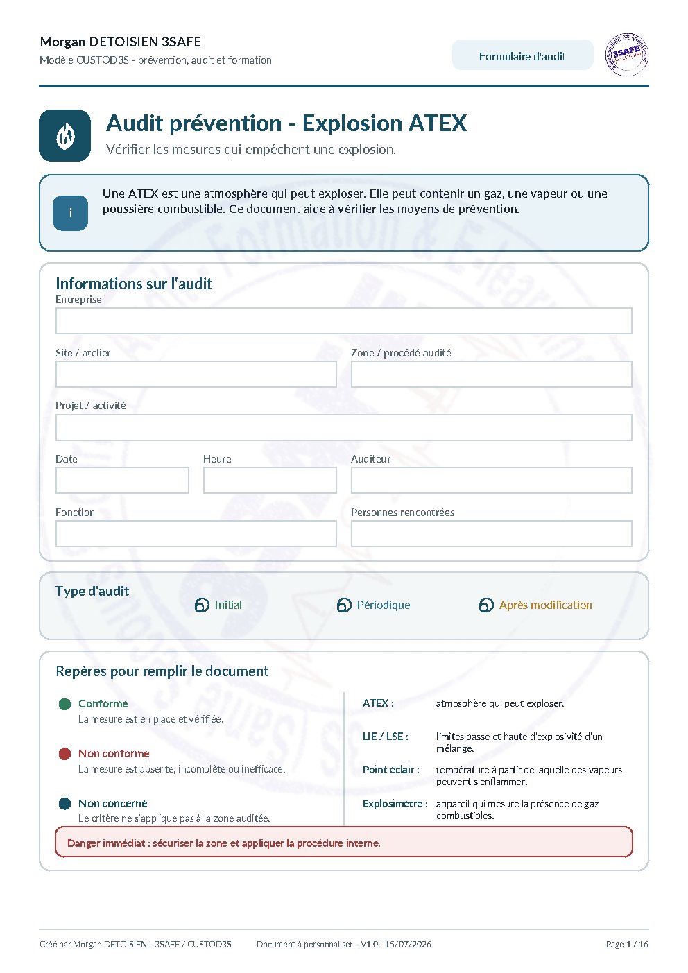 Aperçu de Checklist Audit ATEX Formulaire