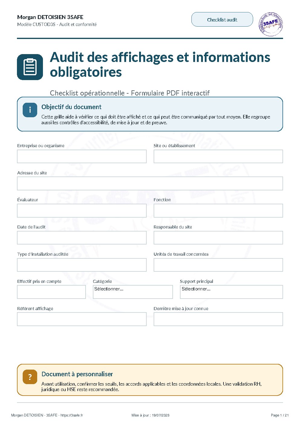 Aperçu de Checklist Audit Affichages Obligatoires Sans Verification Comprehension