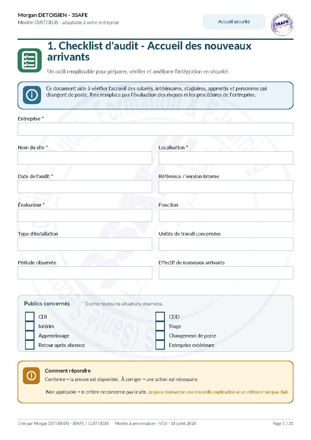 Aperçu de Checklist Audit Accueil Nouveaux Arrivants