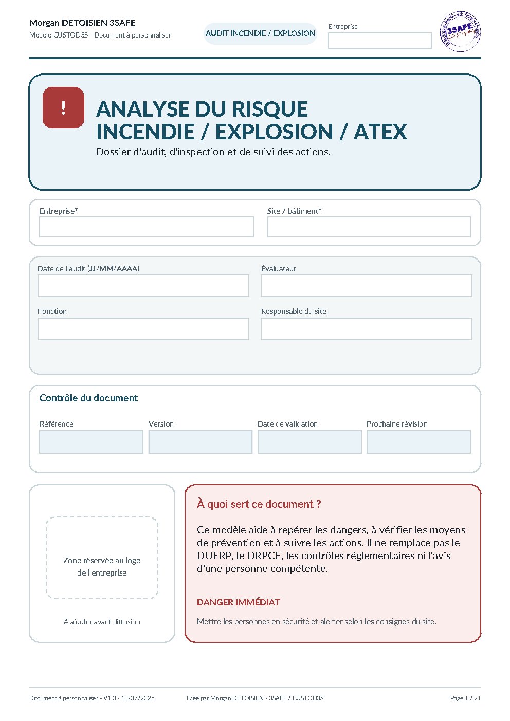Aperçu de Analyse Risque Incendie Explosion ATEX Formulaire