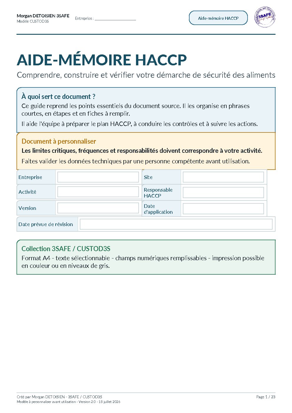Aperçu de Aide-mémoire HACCP Formulaire