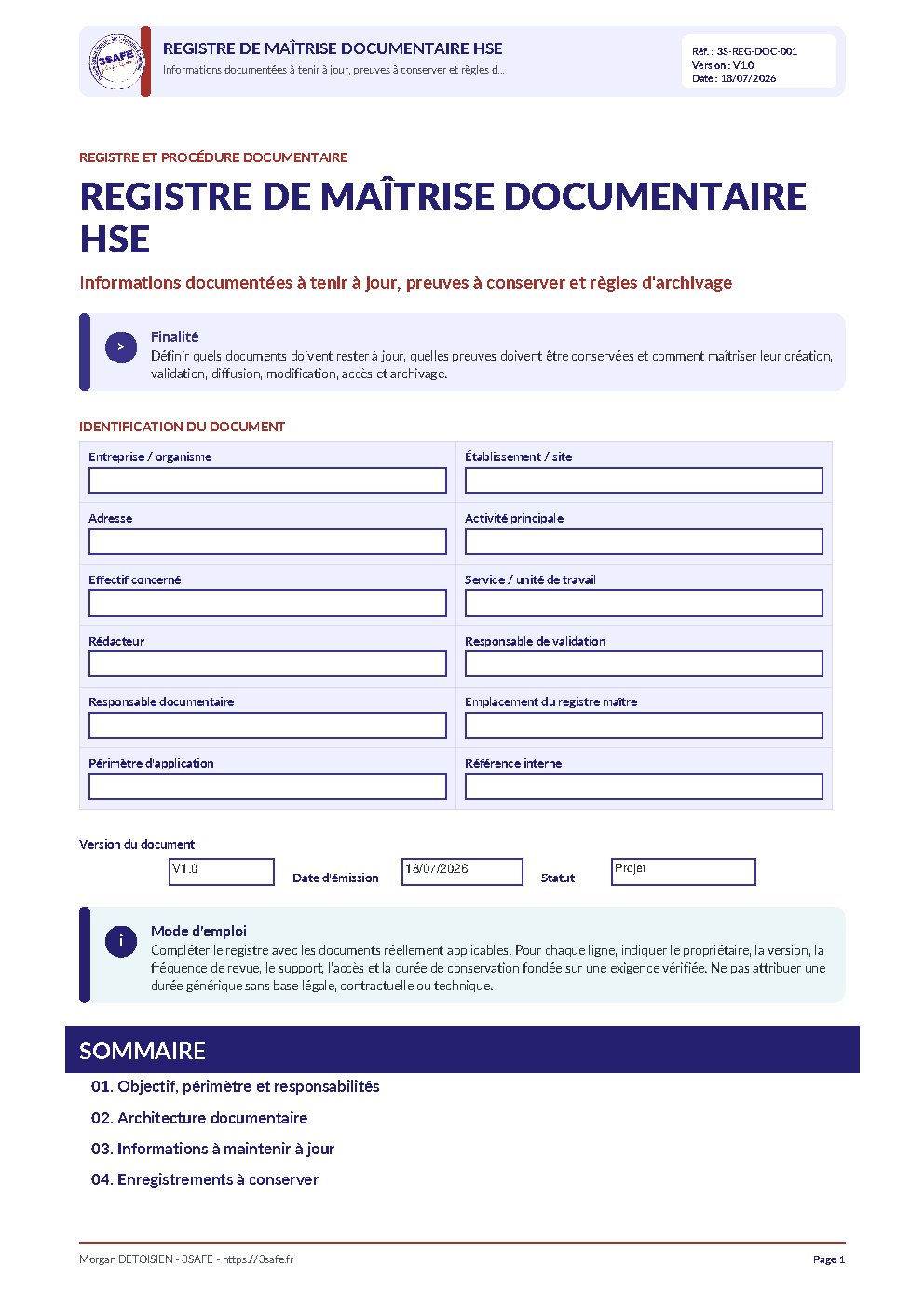 Aperçu de Registre Documentation HSE