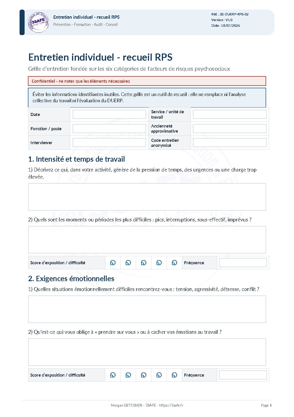 Aperçu de Questionnaire Entretien Individuel RPS