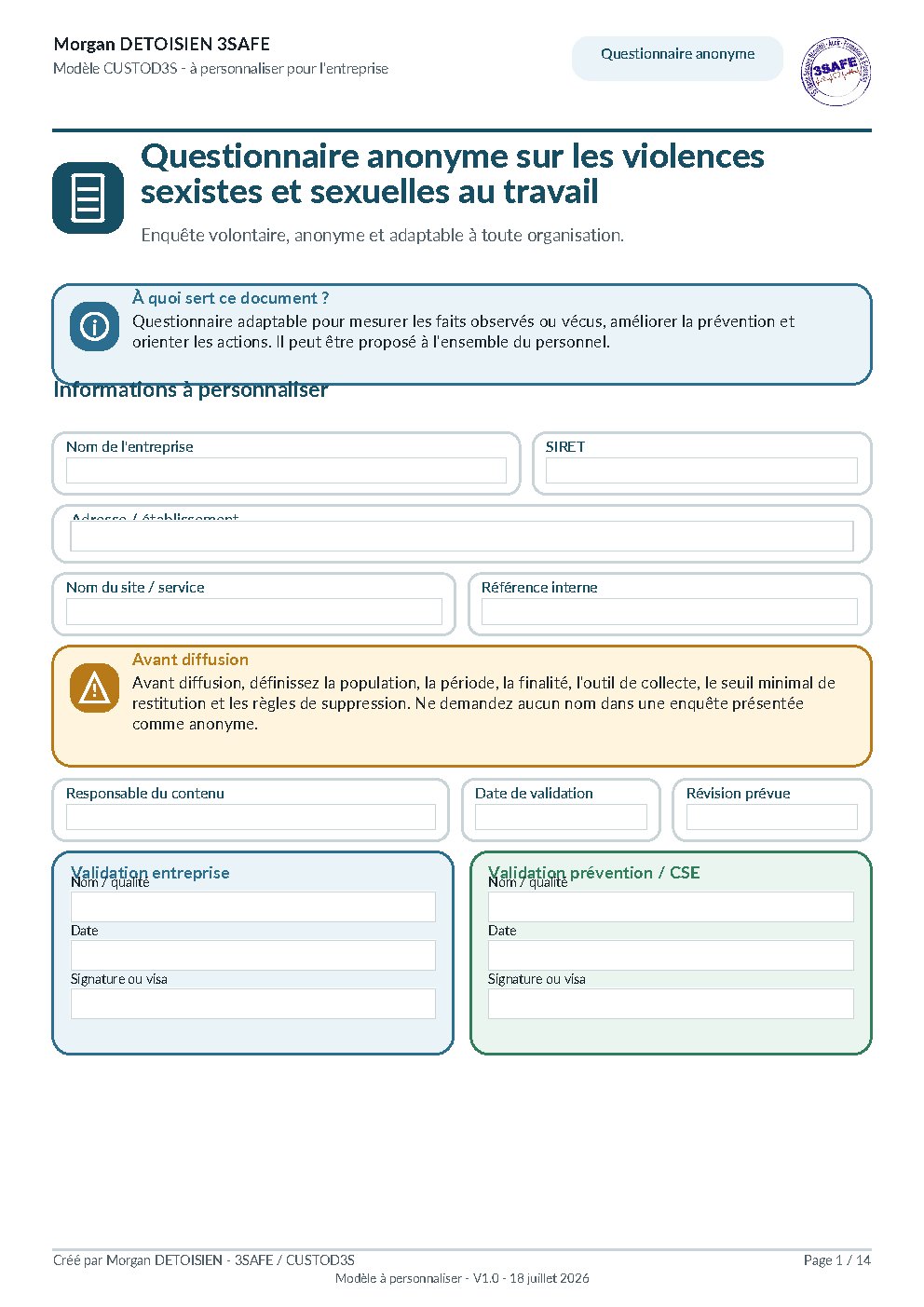 Aperçu de Questionnaire Anonyme VSS Interactif