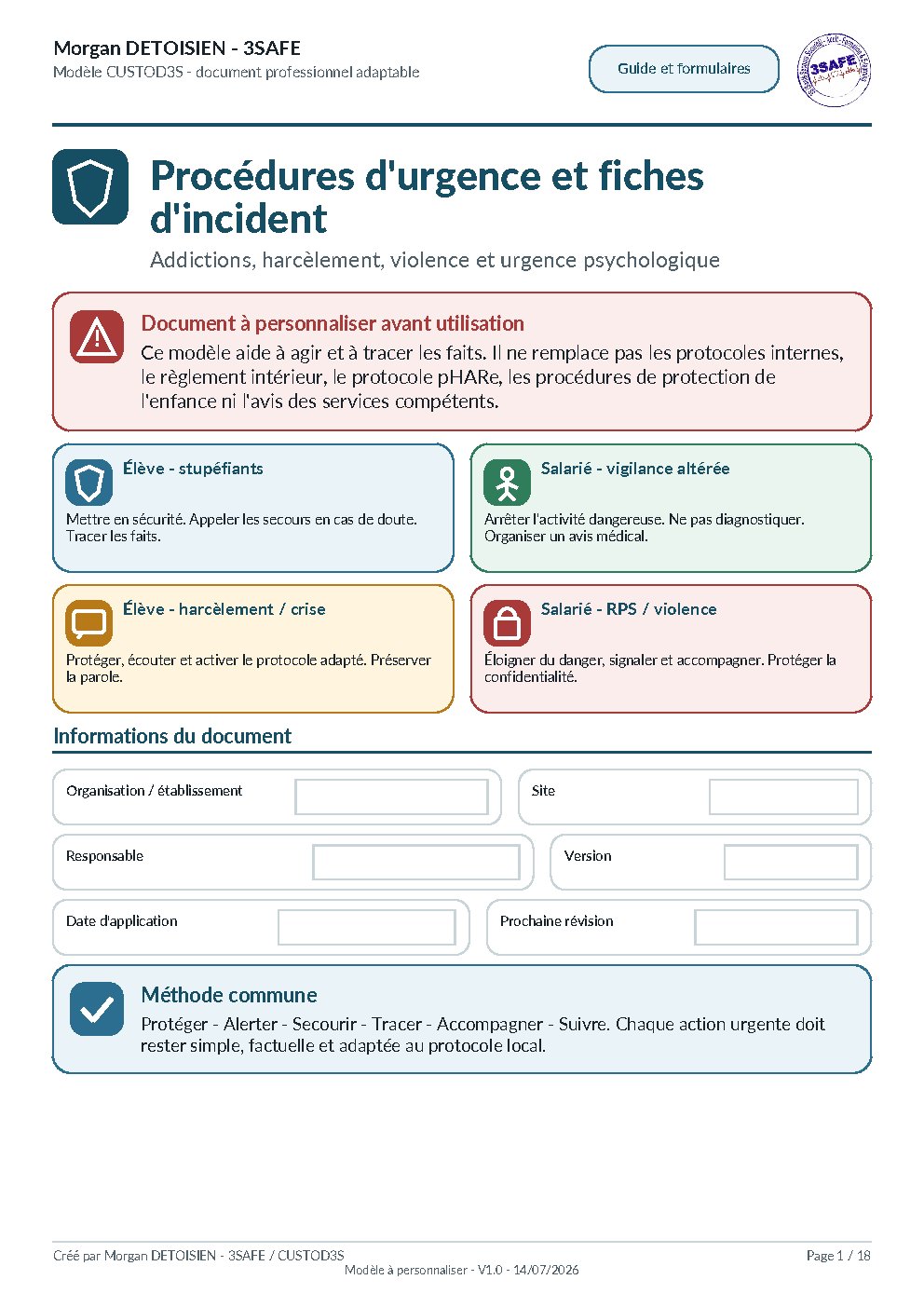 Aperçu de Procedures Addictions RPS Fiches Incident FALC