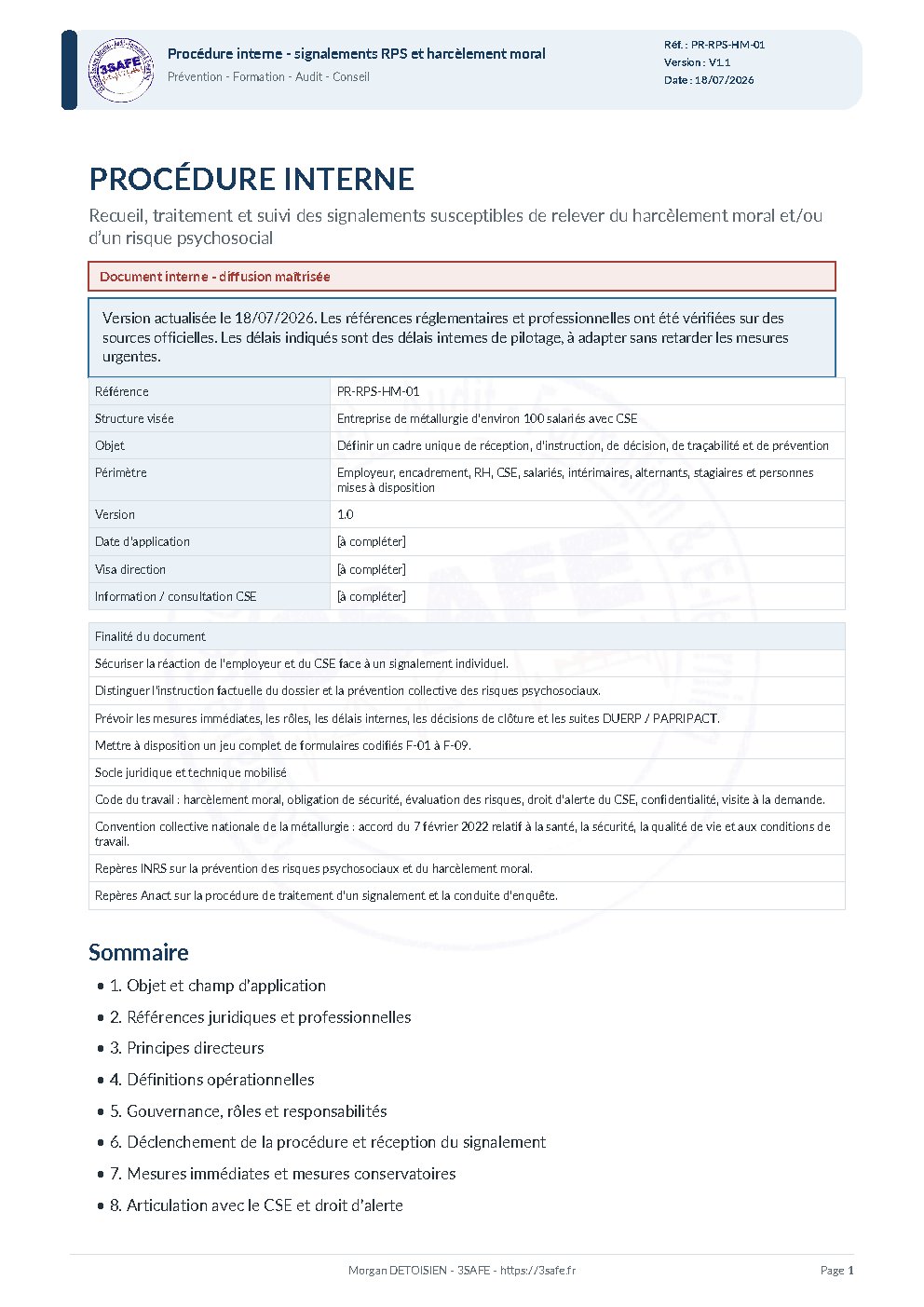Aperçu de Procédure Interne Signalements RPS Harcelement Moral