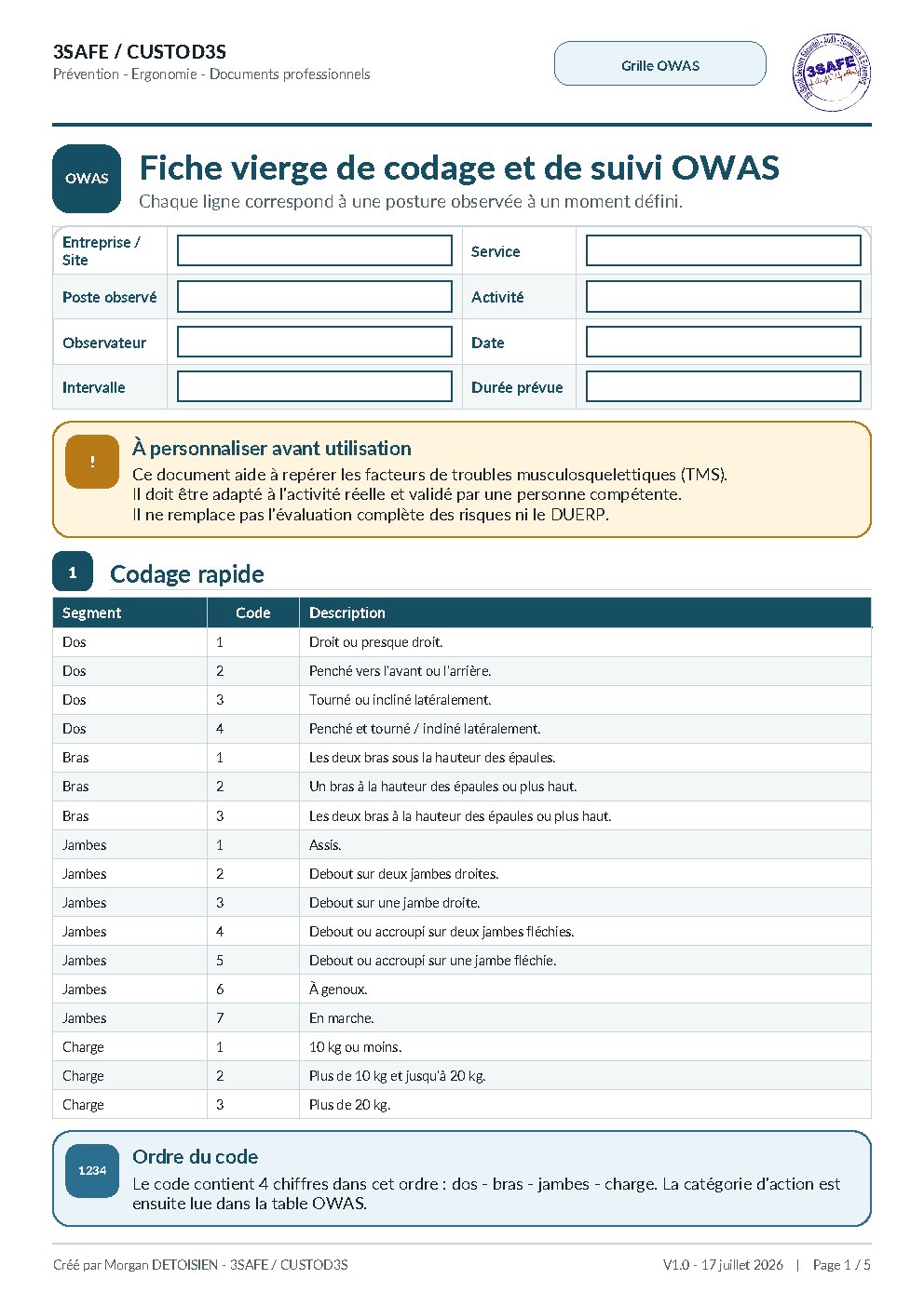 Aperçu de OWAS Fiche Codage Vierge