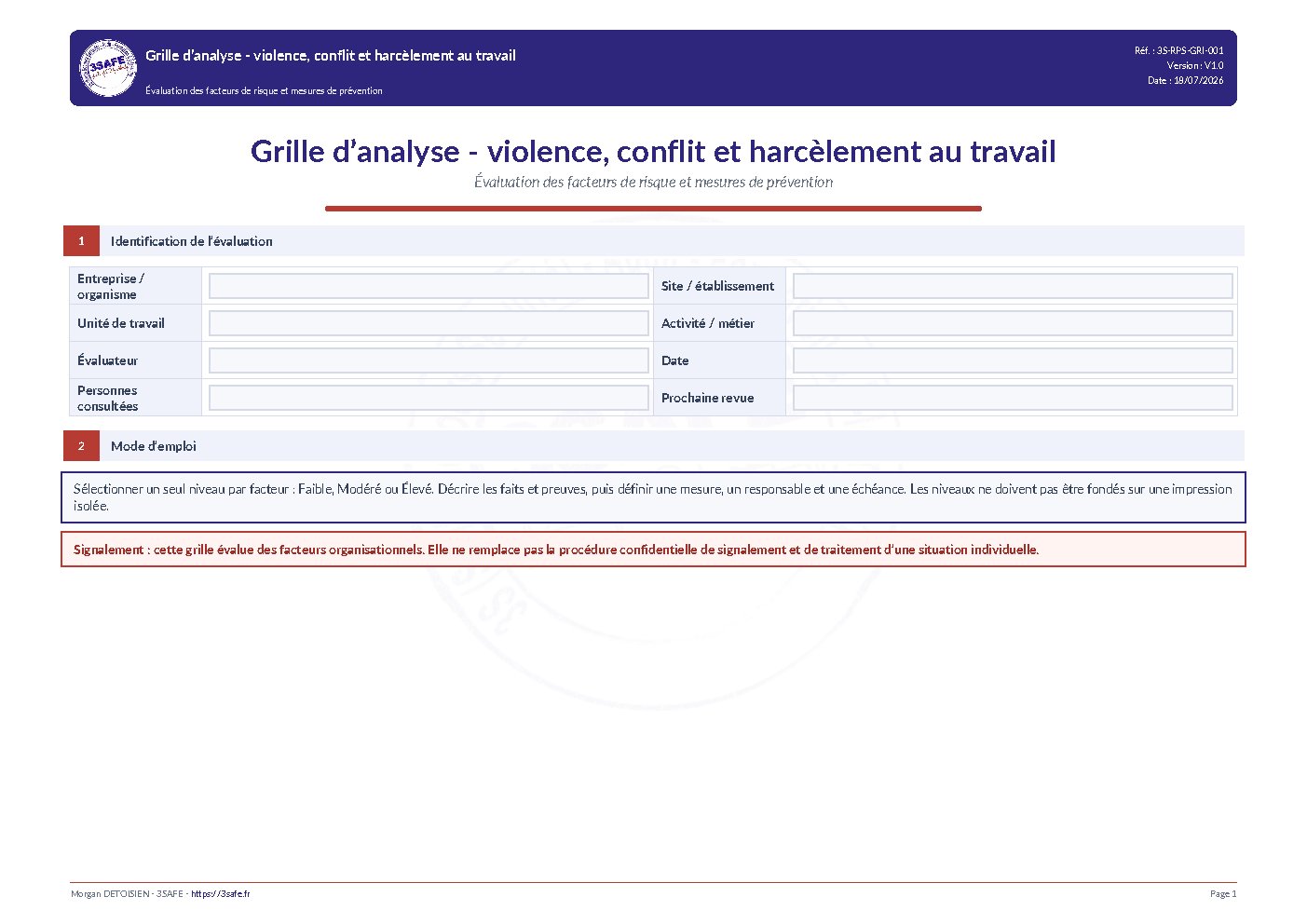 Aperçu de Grille Risque Violence Conflit Harcelement