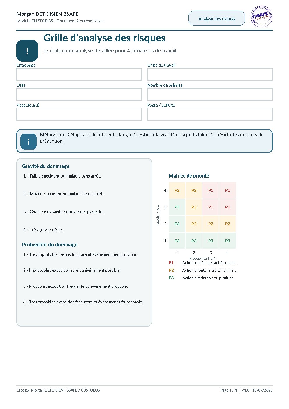 Aperçu de Grille Analyse Risques 4 Situations Formulaire