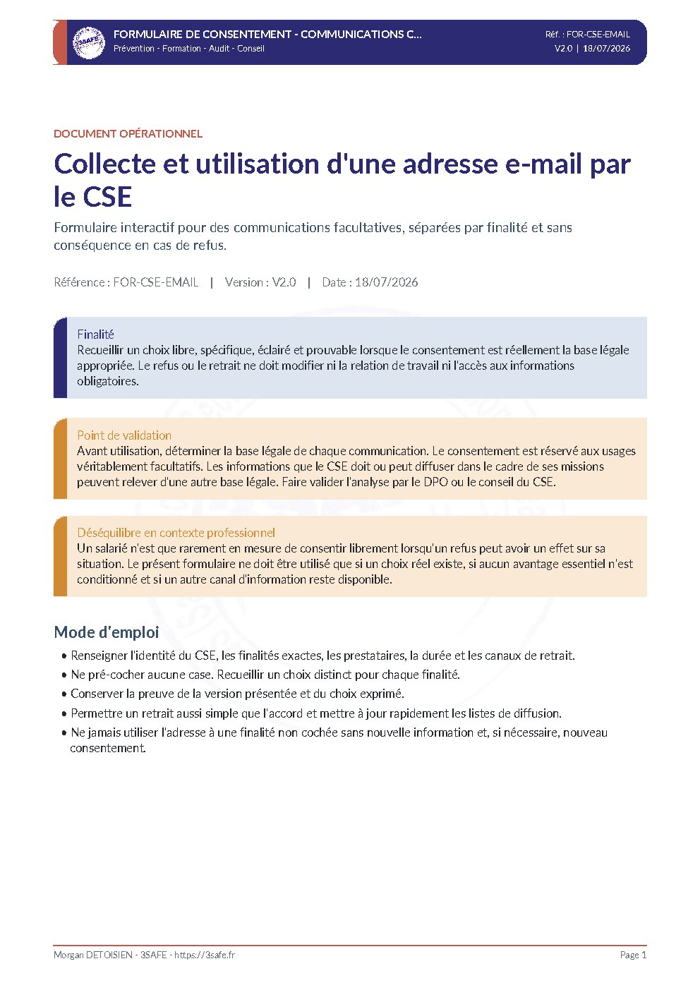 Aperçu de Formulaire Consentement Email CSE