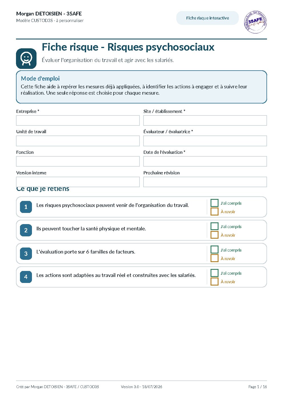 Aperçu de Fiche Risque Risques Psychosociaux
