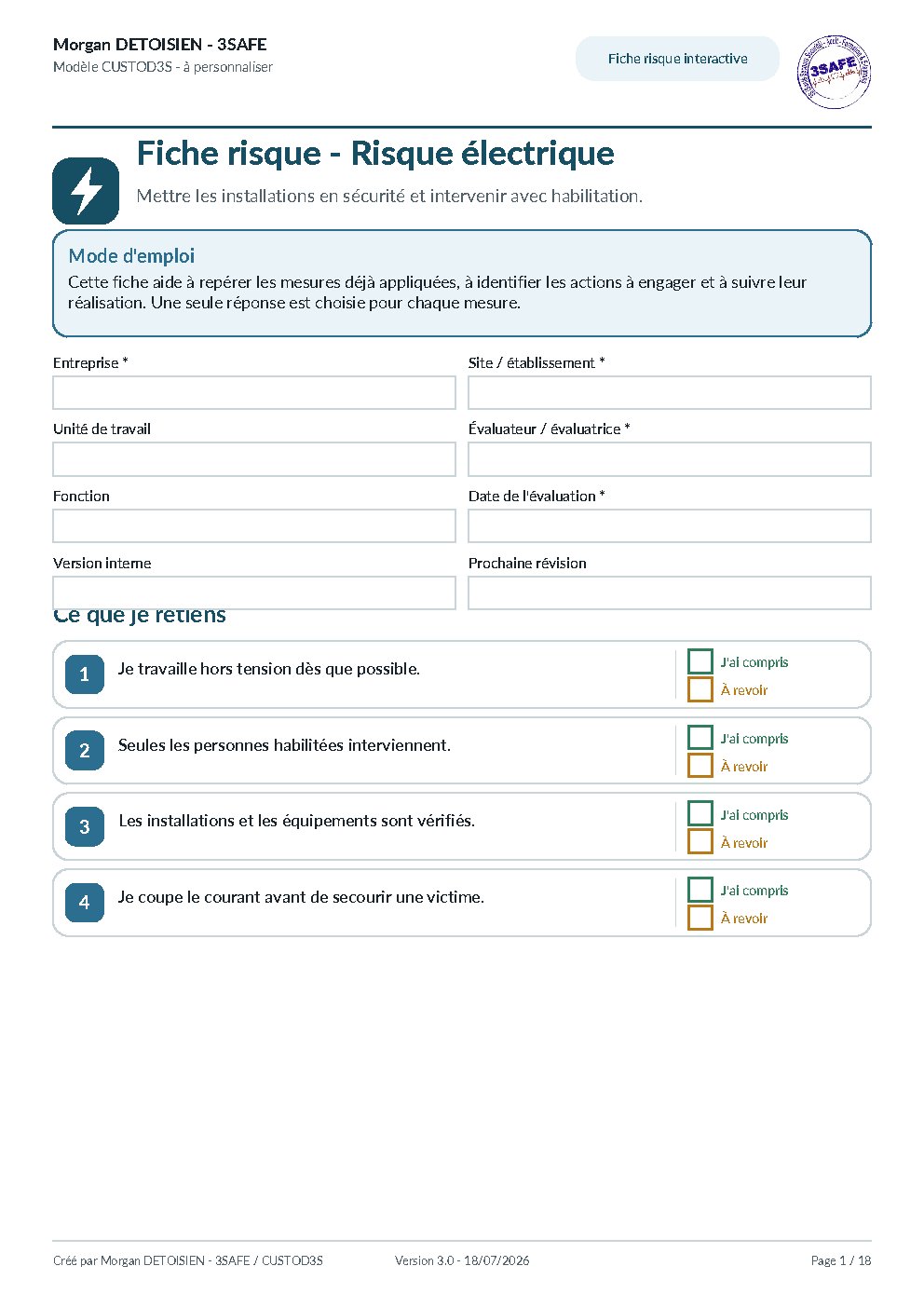 Aperçu de Fiche Risque Risque Electrique