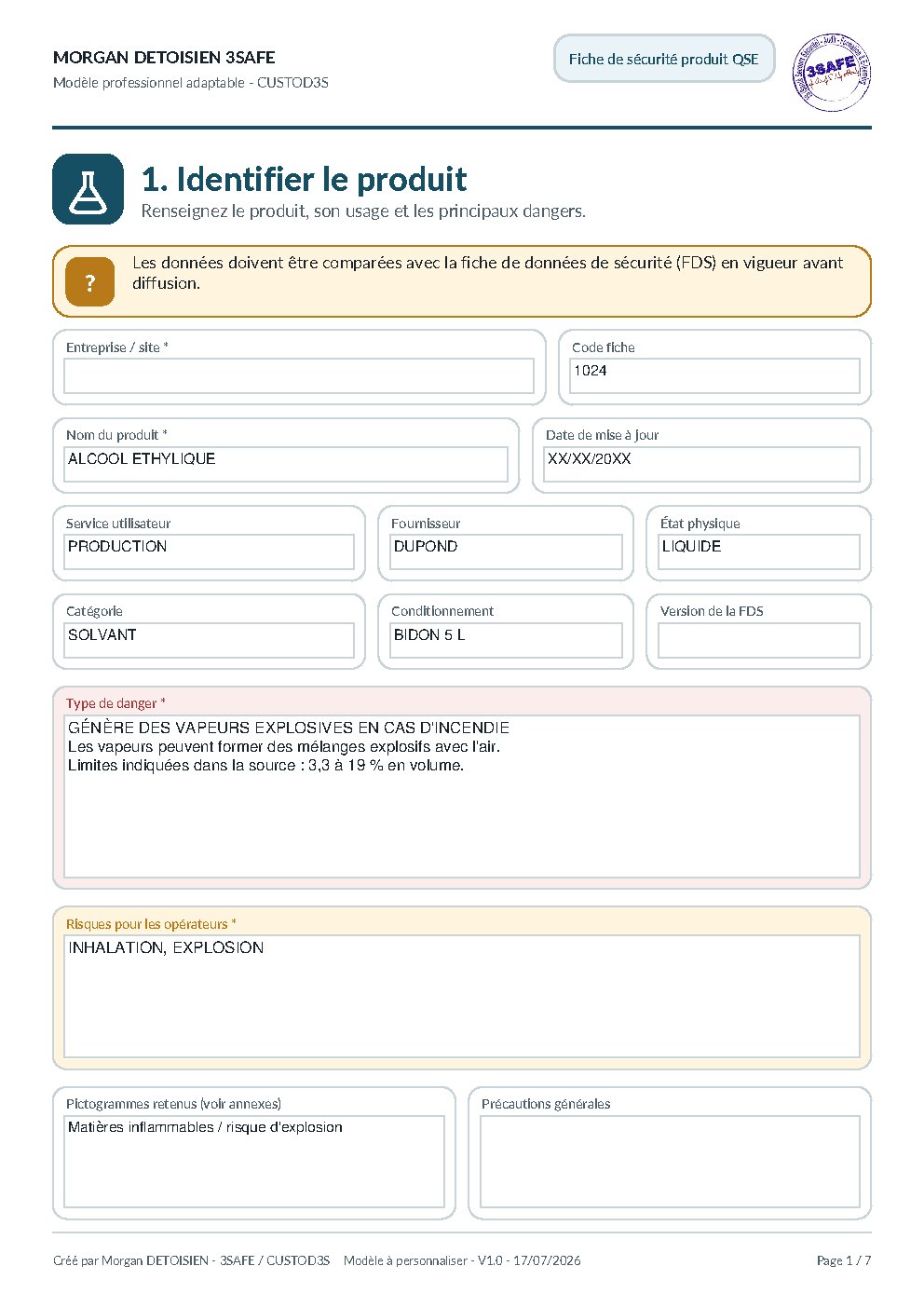 Aperçu de Fiche Sécurité Produit QSE Formulaire