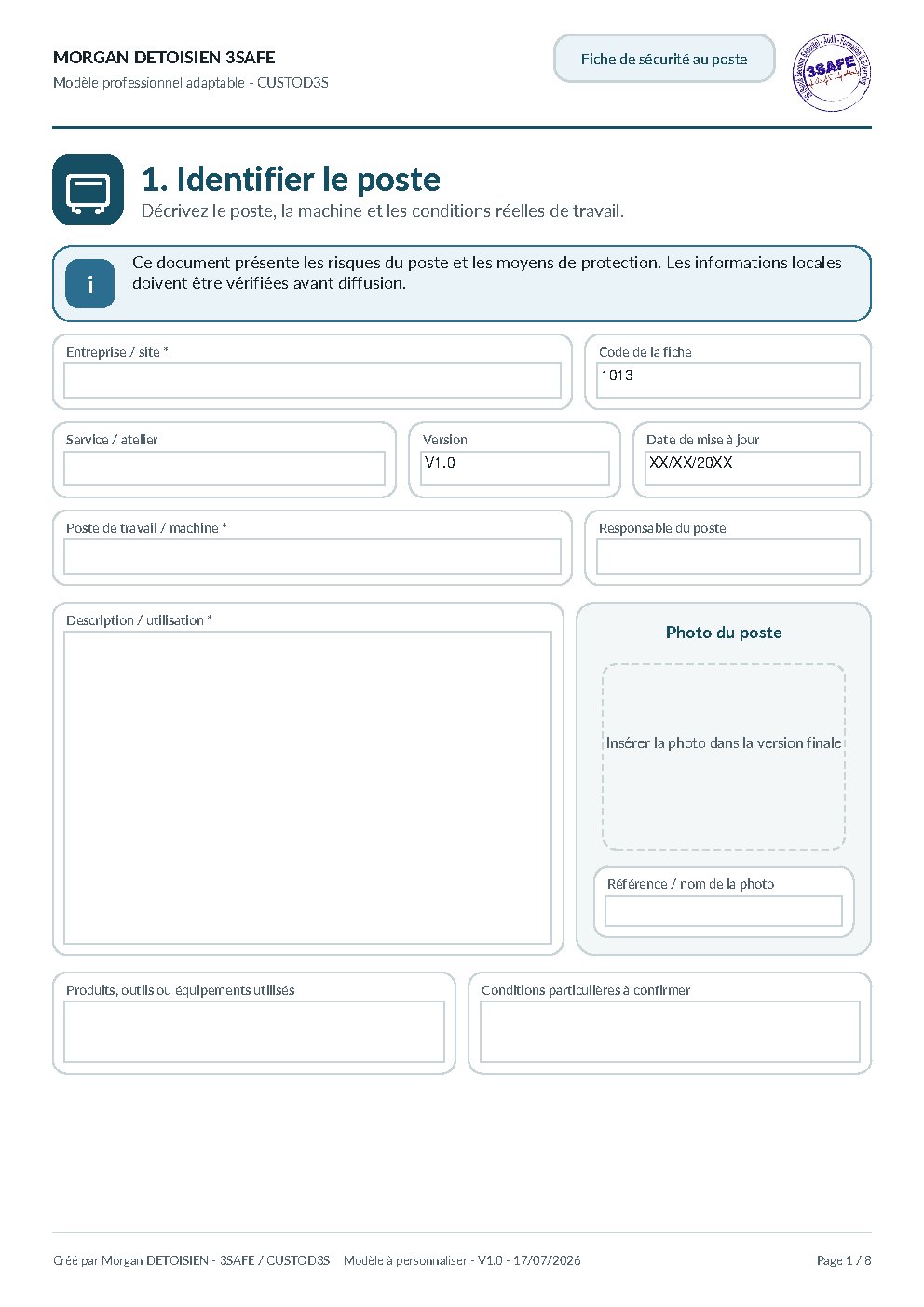Aperçu de Fiche Sécurité Au Poste Formulaire