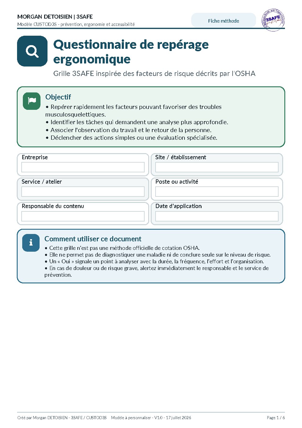 Aperçu de Fiche Methode Reperage Ergonomique OSHA