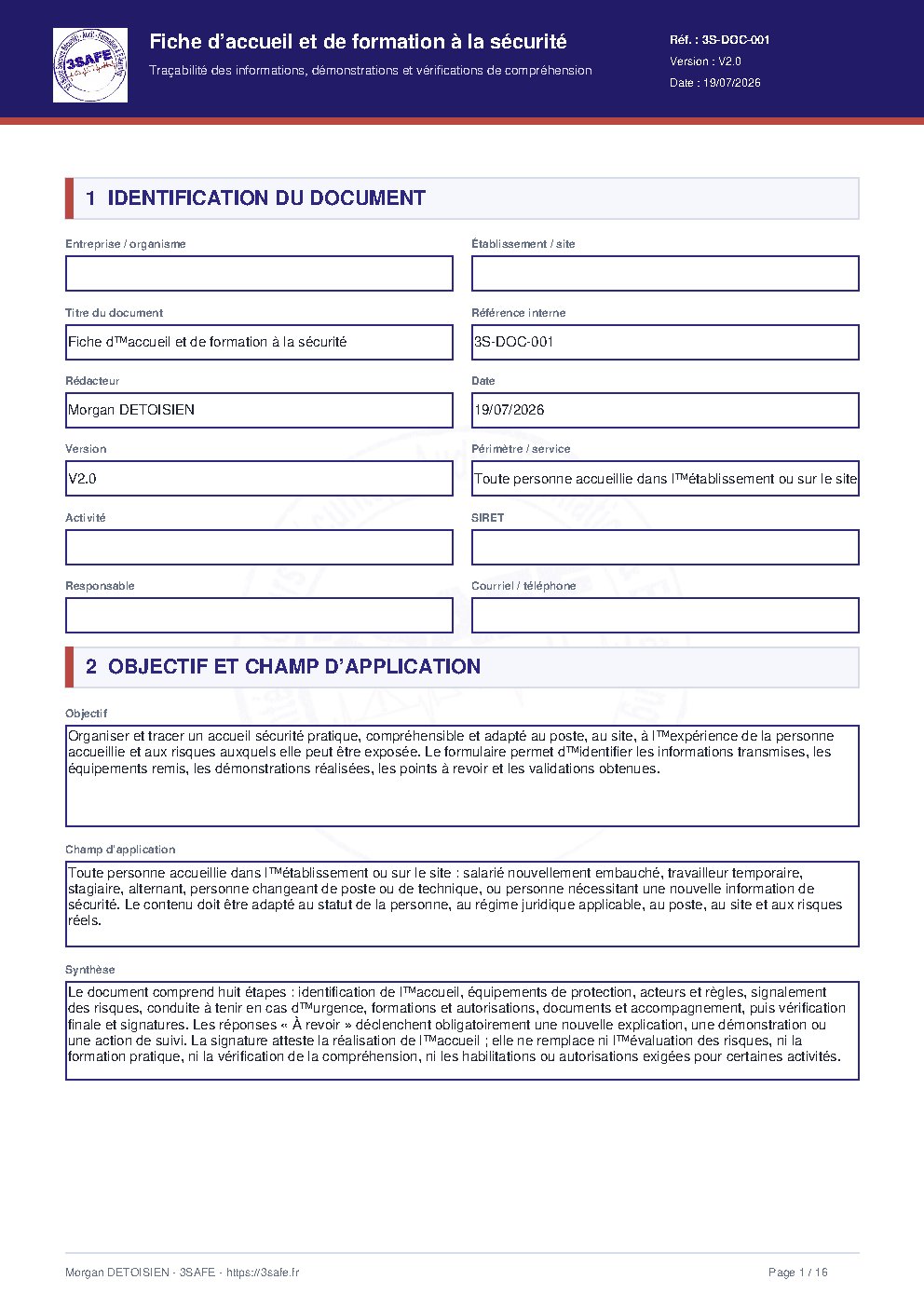 Aperçu de Fiche d accueil et de formation a la Sécurité 19 07 2026