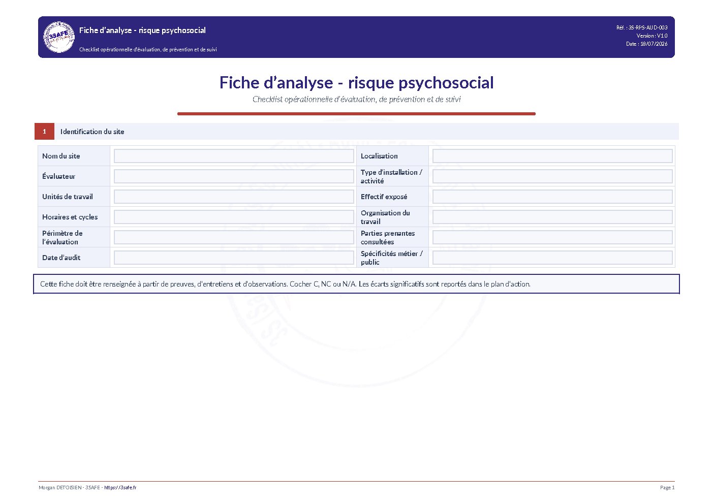 Aperçu de Fiche Analyse RPS Checklist Operationnelle