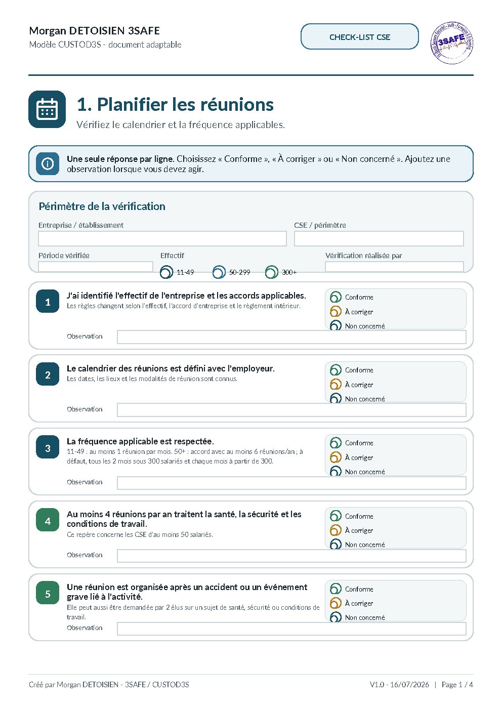 Aperçu de Checklist reunions CSE FALC formulaire