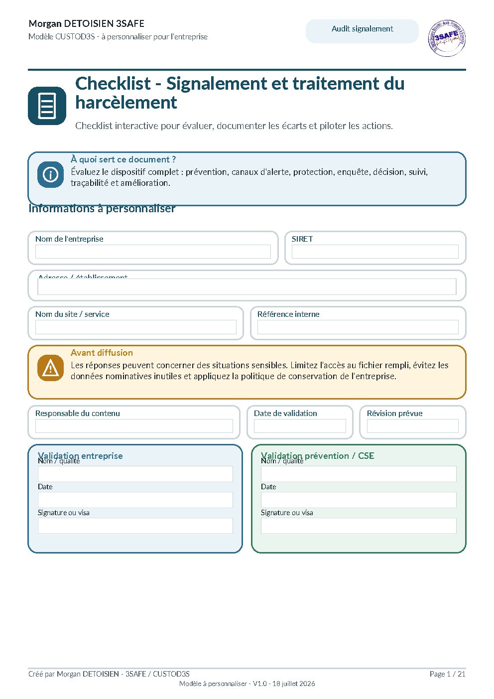Aperçu de Checklist Signalement Traitement Harcelement Interactif