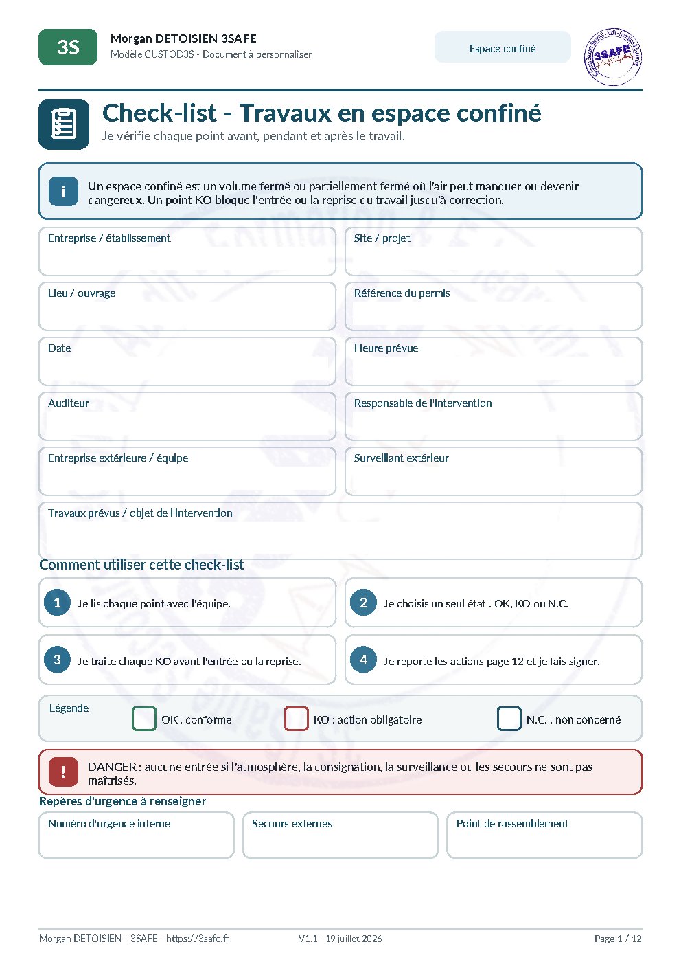 Aperçu de Checklist Espace Confine Formulaire