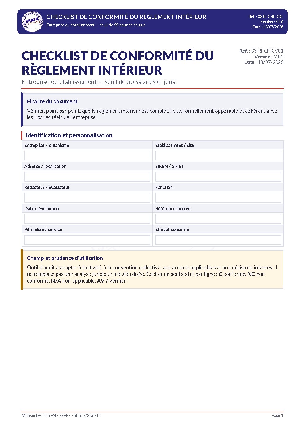 Aperçu de Checklist Conformité Reglement Interieur