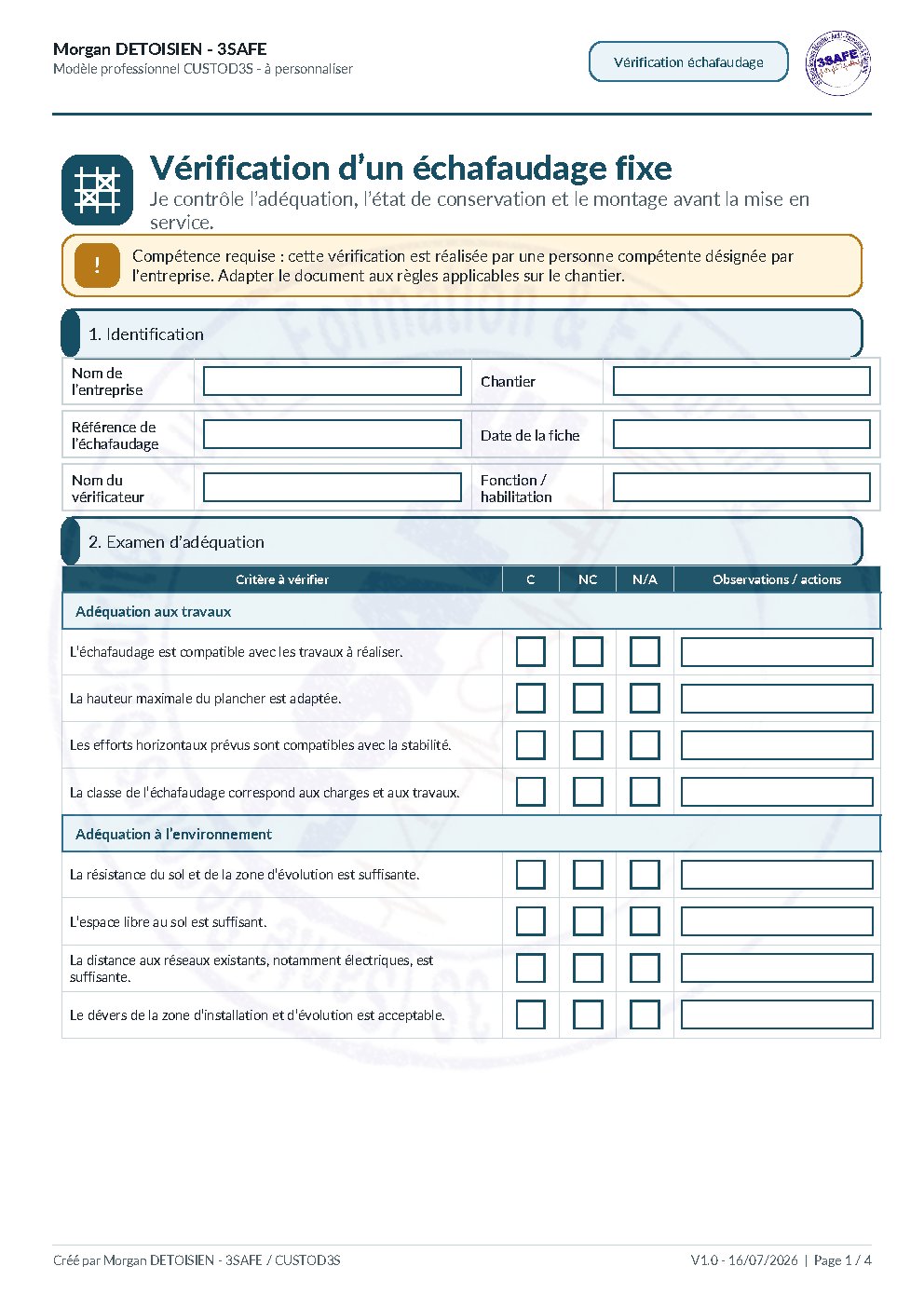 Aperçu de Verification Échafaudage Fixe