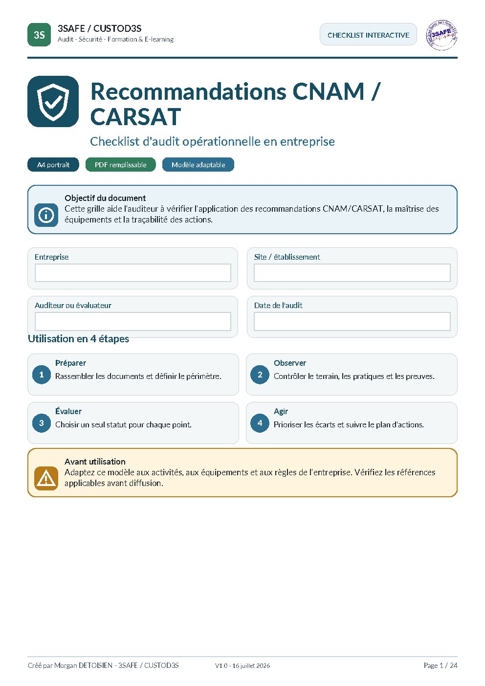 Aperçu de Checklist CARSAT Entreprise