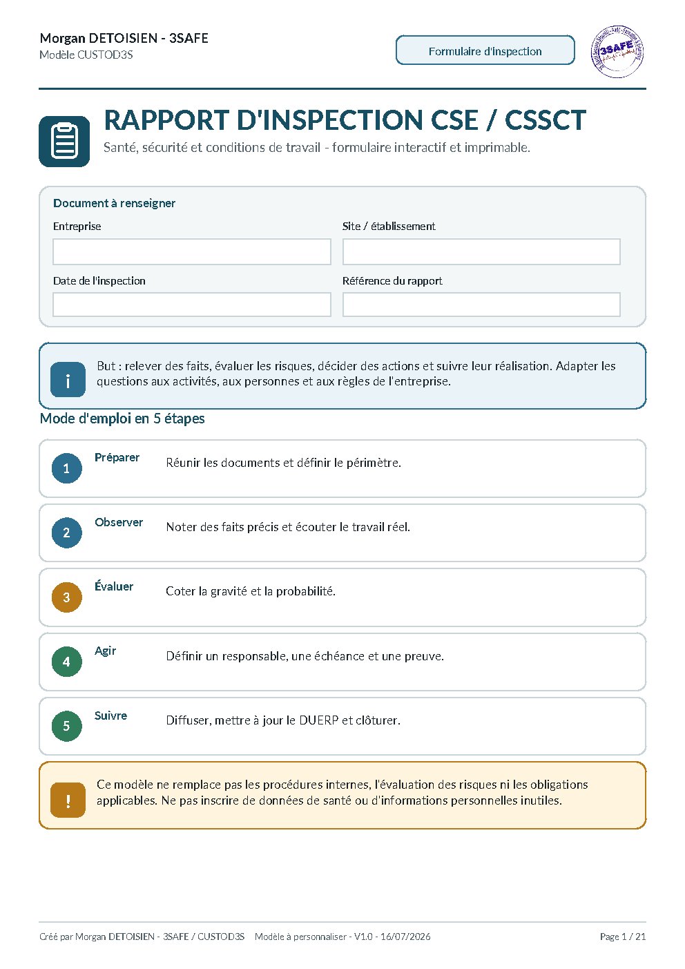 Aperçu de Rapport Inspection CSE CSSCT Formulaire