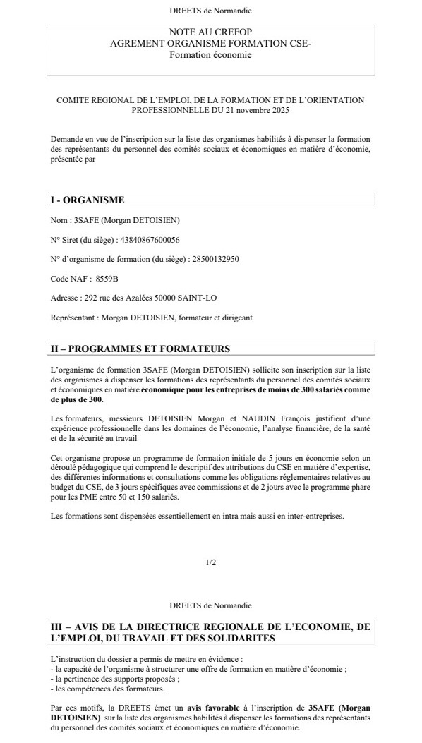 Décision favorable DREETS et CREFOP pour la formation économique CSE de 3SAFE