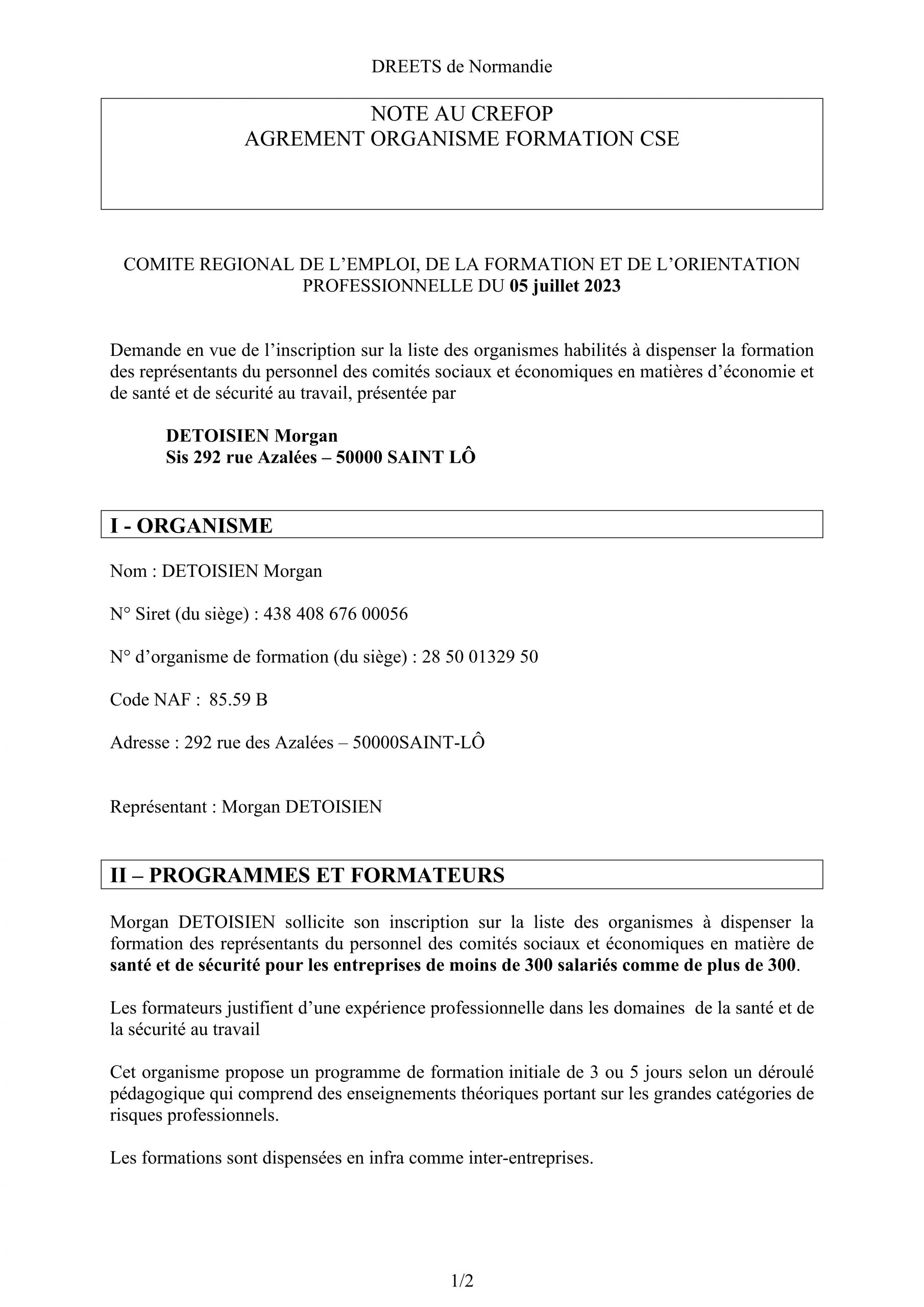 Note au CREFOP relative à l'agrément de 3SAFE pour la formation CSE en santé et sécurité