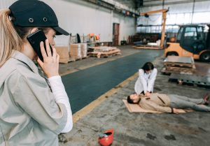 Accident at work in heavy industry warehouse.